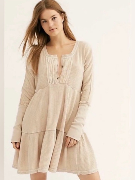 Free People Dresses & Skirts - Free People Beige Waffle Knit Henley Thermal Tiered Mini Dress‎ Boho Long Sleeve